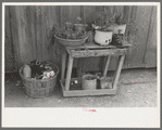 Uncollected garbage and pot plants in back yard of Mexican house, San Antonio, Texas