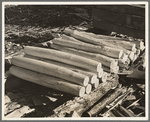 Pile of stakes made with broadaxe at camp near Effie, Minnesota