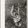 Mexican laborer contractors employ a checker who keeps track of number of baskets cut by each cutter, La Pryor, Texas. He also okays the baskets for shipping from fields