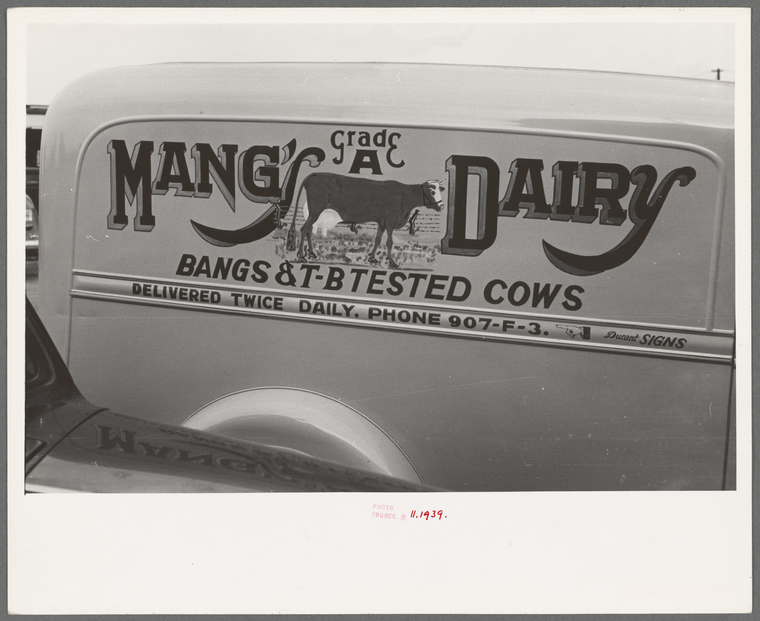 Sign on milk wagon, Crystal City, Texas