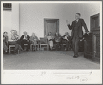 President of bank speaking to a group of San Augustine county residents at a meeting held to discuss raising of funds to continue WPA (Work Projects Administration) roadwork, San Augustine, Texas