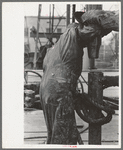 Detail of screwing one pipe into another. Oil field drilling operations, Kilgore, Texas