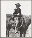 Cowboy on horse with equipment on cattle ranch near Spur, Texas
