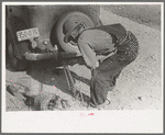 Mr. Milton, farmer at El Indio, stretching barbed wire by means of block and tackle attached to automobile