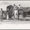 West Texans on their cow ponies buying soda pop at polo match, Abilene, Texas