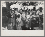 Group of people assembled under tree to listen to revival rally on Saturday afternoon, Tahlequah, Oklahoma