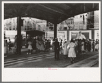 People waiting for streetcars to arrive. Terminal, Oklahoma City, Oklahoma