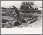 Wrecking foundation of old building in Forgan, Oklahoma, which is a dust town