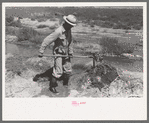 Mr. Johnson, FSA client with part interest in cooperative well using a makeshift dam of tumbleweeds and board in order to divert water from irrigation ditch to field, Syracuse, Kansas