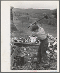 Splitting wood, getting ready for the winter, on farm near Bradford, Vermont