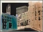 Handpainted negative photo print of buildings