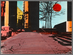 Handpainted negative photo print of street with trees