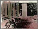 Handpainted negative photo print of street scene with tree