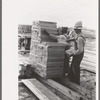 Piling precut blocks of wood at migrant camp under construction at Sinton, Texas