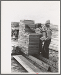 Piling precut blocks of wood at migrant camp under construction at Sinton, Texas