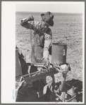 Day laborer putting chain onto feeder gear of planter on farm near Ralls, Texas