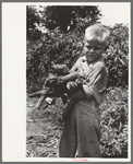 Son of day laborer with load of wood in his arms, near Webber Falls, Muskogee County, Oklahoma