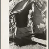 Son of white migrant stepping from covered wagon-type trailer, Wagoner County, Oklahoma