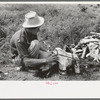 Itinerant statue maker putting together the pieces of a mold for one of his statues. He had been at one time an oil field worker. He said that the WPA (Work Projects Administration) had reduced the possibility of the man on the road getting a job