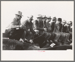 West Texans sitting on fence at horse auction. El Dorado, Texas