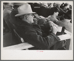 Spectator checking time of the calf ropers at the rodeo at the San Angelo Fat Stock Show, San Angelo, Texas