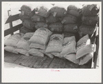 Stock salt and cotton seed meal on truck at warehouse of Kimble County, wool and mohair company, Junction, Texas