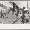 Wife of migratory worker hanging up laundry at the Agua Fria Migratory Labor Camp, Arizona