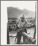 Gold miner operating hand drill in hand-drilling contest on Labor Day, Silverton, Colorado
