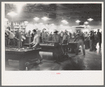 Construction workers playing pool in company commissary, Shasta Dam, Shasta County, California