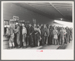 Construction workers lined up to be paid off, Shasta Dam, Shasta County, California