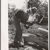 Using a broad axe in hewing ties, Pie Town, New Mexico