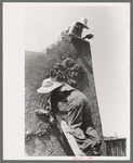Spanish-American women plastering adobe house, Chamisal, New Mexico