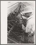 Mormon farmer working on FSA (Farm Security Administration) cooperative drill, Oneida County, Idaho. While the members of the cooperative live in Snowville, Utah, some of them farm in Oneida County, Idaho