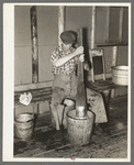 Lumberjack washing clothes at logging camp near Effie, Minnesota