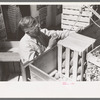 Mr. Keele examining oranges before buying them from trucker, General store, Pie Town, New Mexico