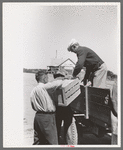 Mr. Keele taking crate of grapefruit from truck, General store, Pie Town, New Mexico