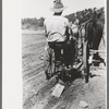 Faro Caudill planting beans. The block of wood dragging after the planter is a homemade contrivance for smoothing out soil after seeds have been planted, Pie Town, New Mexico