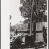 Mrs. Hutton builds fire in outdoors burner which heats the water for laundering, Pie Town, New Mexico