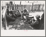 Homesteaders sit under the trees at all day Sunday visiting, Pie Town, New Mexico
