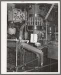 Cans are fed by gravity to a sterilizer and they are then filled in a rotary machine at the grapefruit juice canning plant. Weslaco, Texas