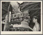 Lidding machine used in packing vegetables. Elsa, Texas