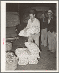 Stacking sacks of onions in front of commission house. Early morning market, San Antonio, Texas