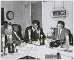 The Barry Gray Show with James Farmer, Gloster B. Current,  Ossie Davis, Malcolm X, and actress Ruby Dee partially visible behind Farmer