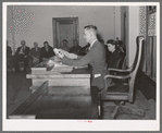 County judge conducting a mass meeting called to discuss ways and means to raise funds to continue WPA roadwork in the county. San Augustine, Texas