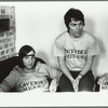 Rita Mae Brown seated next to unidentified woman before the Lavender Menace Action