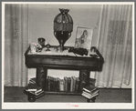 Living room table with lamp in home of Jim Hardin. Two Bit Creek, near Deadwood, South Dakota