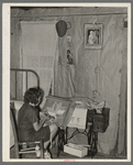 Southeast Missouri Farms. Girl making a hooked rug in bedroom of shack home, La Forge, Missouri