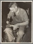 Bootmaker shaping the outer sole to the boot. Cowboy boot shop, Alpine, Texas