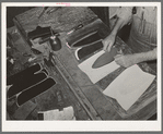 Gluing lining into upper part of boot. Bootmaking shop, Alpine, Texas