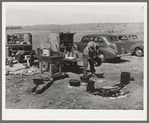 Camp cook at work with chuck wagon in center and truck for carrying bed rolls at left. Cattle ranch near Marfa, Texas